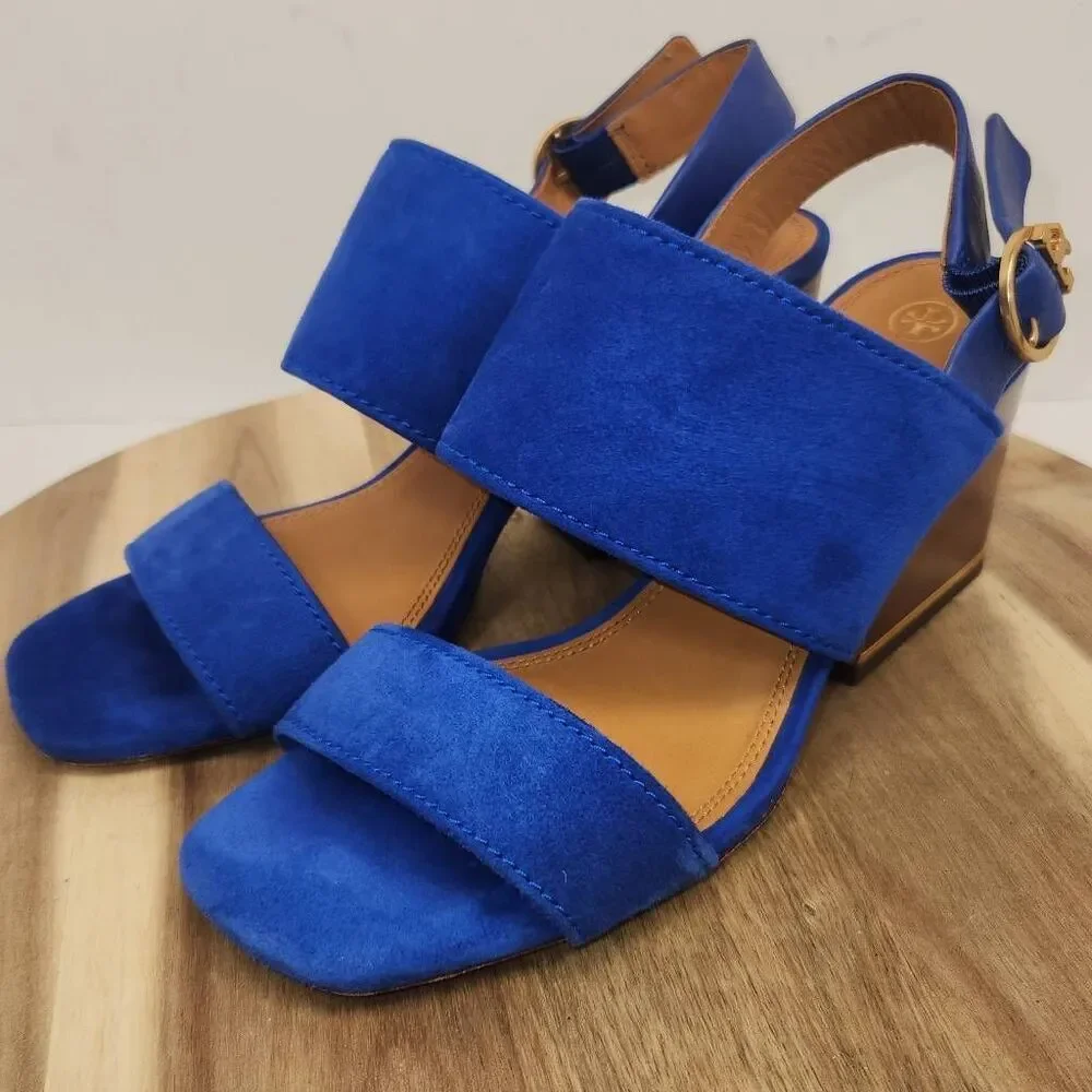 Tory Burch Women's Selby block-heel sandal Blue Suede Size 7.5 M